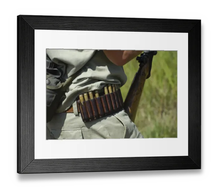 Framed Print : Armed game warden, close-up of cartridge belt, Kruger N. P. Mpumalanga, South Africa Framed Print : Armed game warden, close-up of cartridge belt, Kruger N. P. Mpumalanga, South Africa