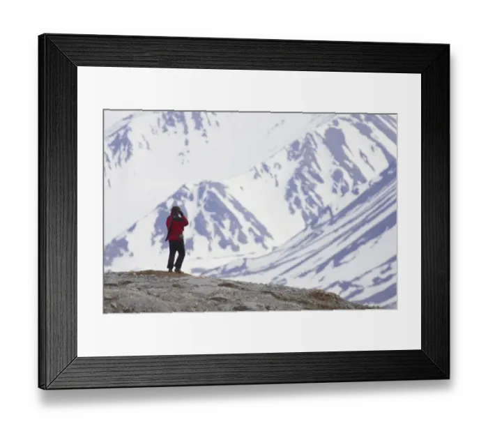 Framed Print : Guide armed with rifle and pistol, on lookout for Polar Bears (Ursus maritimus), Spitsbergen, Svalbard Framed Print : Guide armed with rifle and pistol, on lookout for Polar Bears (Ursus maritimus), Spitsbergen, Svalbard
