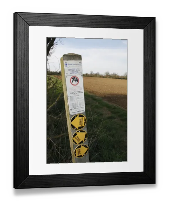 Framed Print : Public footpath sign with regulations for restoring disturbed crossfield footpaths, at edge of field in arable farmland, Bacton, Suffolk, England, april Framed Print : Public footpath sign with regulations for restoring disturbed crossfield footpaths, at edge of field in arable farmland, Bacton, Suffolk, England, april