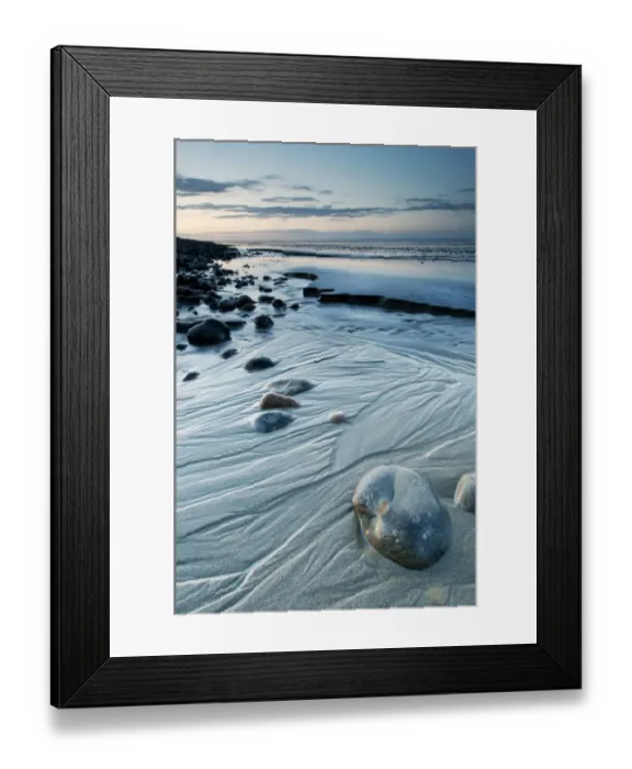 Framed Print : View of coastal mudflats with channels and pebbles at twilight, Dungeness, Kent, England, june Framed Print : View of coastal mudflats with channels and pebbles at twilight, Dungeness, Kent, England, june