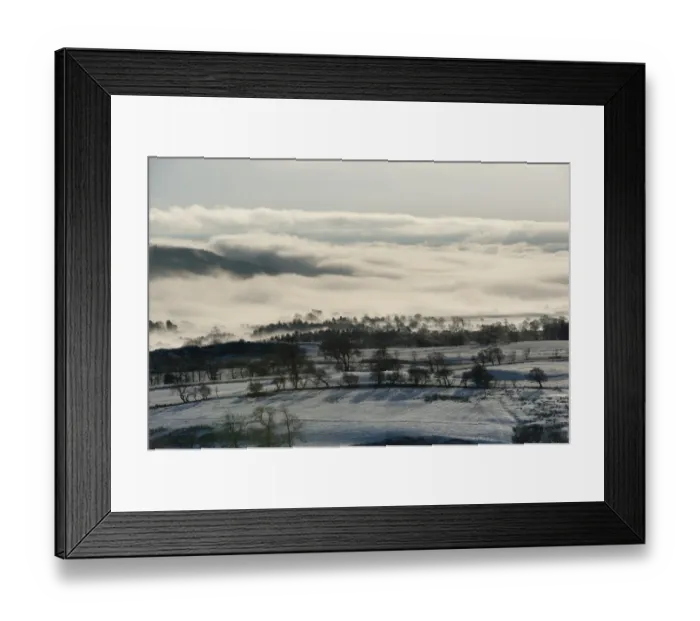 Framed Print : View of snow covered farmland in mist, looking towards Longridge Fell from Long Knots, Whitewell, Lancashire, England, december