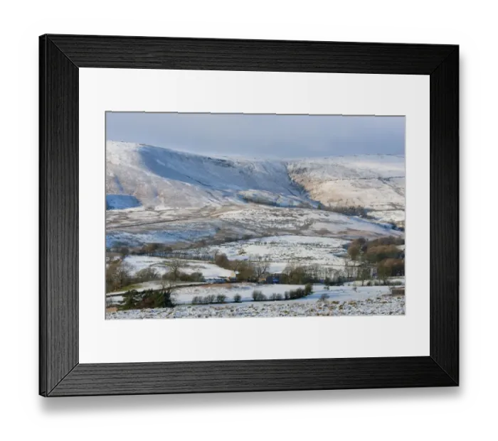 Framed Print : View of snow covered farmland and fell, looking towards Whitmore Fell from Long Knots over Higher Fence Wood, Whitewell, Lancashire, England, december Framed Print : View of snow covered farmland and fell, looking towards Whitmore Fell from Long Knots over Higher Fence Wood, Whitewell, Lancashire, England, december