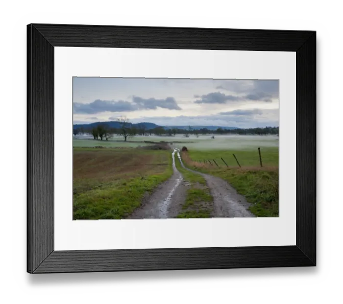 Framed Print : View of mist over farmland at dusk, Llanymynech, Shropshire, England, december Framed Print : View of mist over farmland at dusk, Llanymynech, Shropshire, England, december
