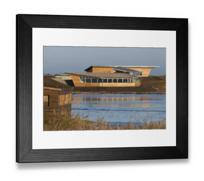 Framed Print : View of new hides and information centre in coastal wetland reserve, Titchwell RSPB Reserve, Norfolk, England, december Framed Print : View of new hides and information centre in coastal wetland reserve, Titchwell RSPB Reserve, Norfolk, England, december