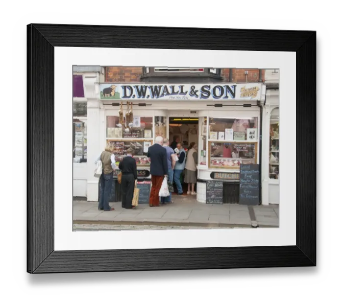 Framed Print : Customers queueing outside traditional butcher's shop, Ludlow, Shropshire, England, september