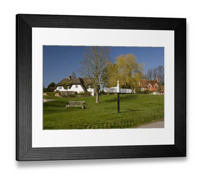 Framed Print : Traditional old village green and signpost, Ham, West Berkshire, England, march Framed Print : Traditional old village green and signpost, Ham, West Berkshire, England, march