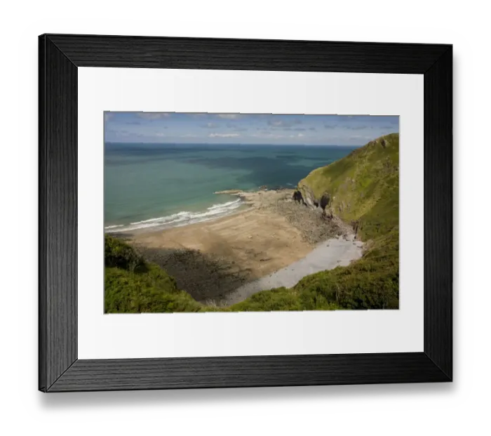 Framed Print : View of beach from south-west coast path, Shipload Bay, Hartland Point, North Devon, England, august Framed Print : View of beach from south-west coast path, Shipload Bay, Hartland Point, North Devon, England, august