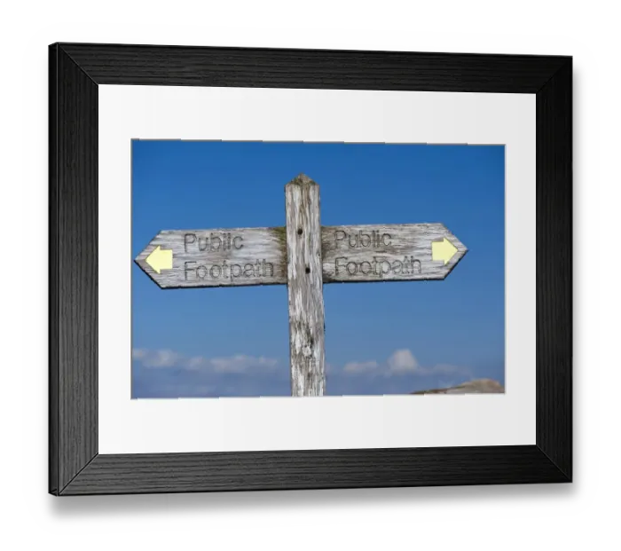 Framed Print : Wooden Public Footpath direction sign in countryside, England, march Framed Print : Wooden Public Footpath direction sign in countryside, England, march