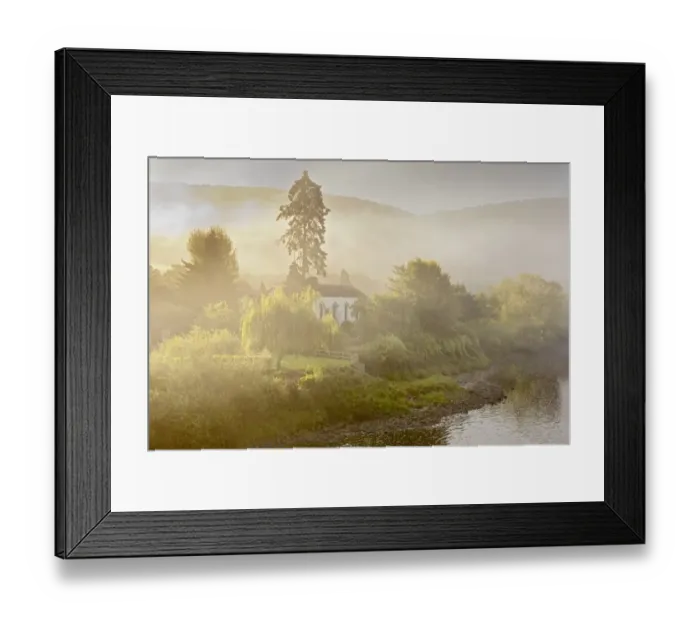 Framed Print : View of church on riverbank in mist at dawn, Moravian Church, Brockweir, River Wye, Forest of Dean, Gloucestershire, England, august Framed Print : View of church on riverbank in mist at dawn, Moravian Church, Brockweir, River Wye, Forest of Dean, Gloucestershire, England, august