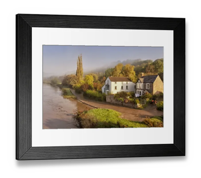 Framed Print : View of village on riverbank in mist at dawn, Brockweir, River Wye, Forest of Dean, Gloucestershire, England, september Framed Print : View of village on riverbank in mist at dawn, Brockweir, River Wye, Forest of Dean, Gloucestershire, England, september