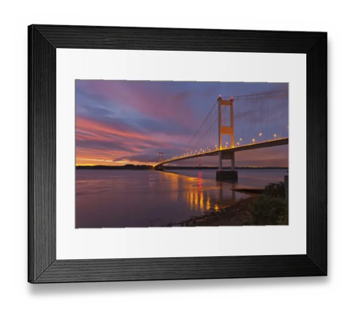 Framed Print : View of suspension bridge at dawn, viewed from Beachley looking towards Monmouthshire, Severn Bridge, River Severn, Severn Estuary, Gloucestershire, England, october