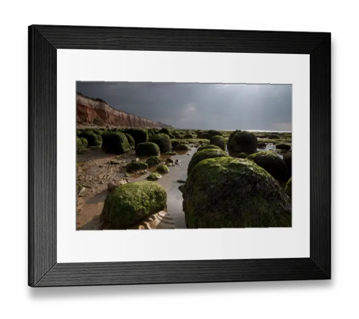 Framed Print : View of algae covered eroded boulders on beach at low tide, near chalk and carrstone sea cliffs, Hunstanton, Norfolk, England, october