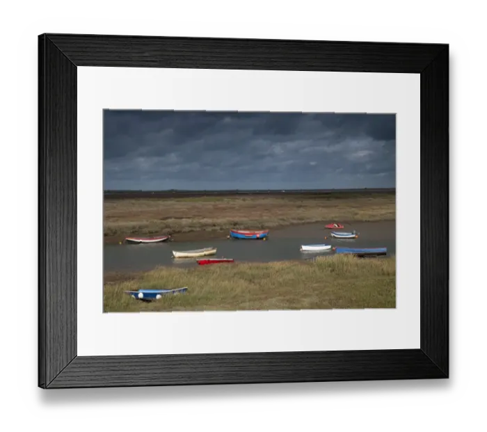 Framed Print : View of coastal saltmarsh and boats moored in creek, Morston Quay, Norfolk, England, october Framed Print : View of coastal saltmarsh and boats moored in creek, Morston Quay, Norfolk, England, october