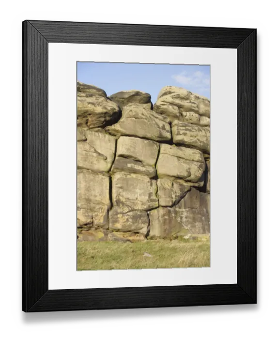 Framed Print : Rock strata of millstone grit, Almscliff Crag rock formation, North Rigton, North Yorkshire, England, october Framed Print : Rock strata of millstone grit, Almscliff Crag rock formation, North Rigton, North Yorkshire, England, october