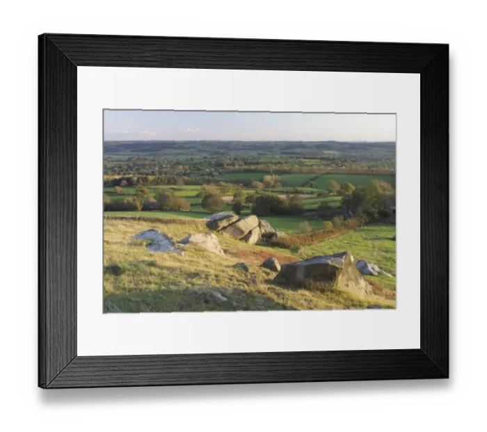 Framed Print : View of surrounding farmland, gritstone rocks and valley from Almscliff Crag rock formation, North Rigton, North Yorkshire, England, october Framed Print : View of surrounding farmland, gritstone rocks and valley from Almscliff Crag rock formation, North Rigton, North Yorkshire, England, october