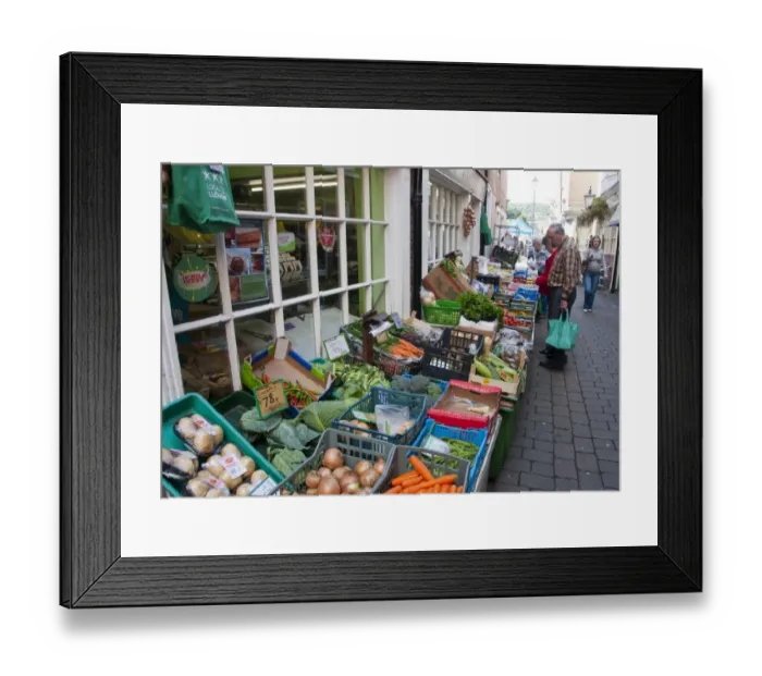 Framed Print : Vegetables and fruit for sale outside greengrocers shop, Ludlow, Shropshire, England, september Framed Print : Vegetables and fruit for sale outside greengrocers shop, Ludlow, Shropshire, England, september