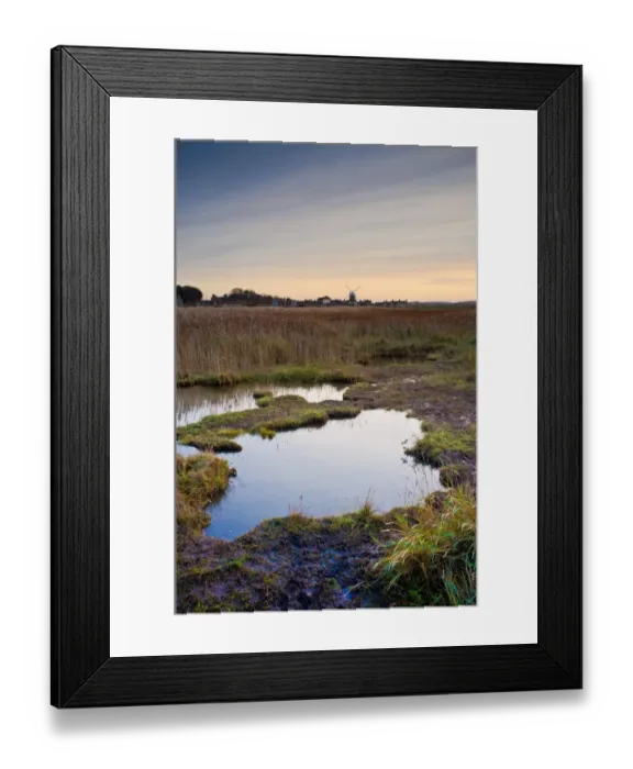 Framed Print : View of coastal marshland habitat and distant windmill at dusk, Cley Mill, Westbank Marsh, Cley-next-the-sea, Norfolk, England, january Framed Print : View of coastal marshland habitat and distant windmill at dusk, Cley Mill, Westbank Marsh, Cley-next-the-sea, Norfolk, England, january