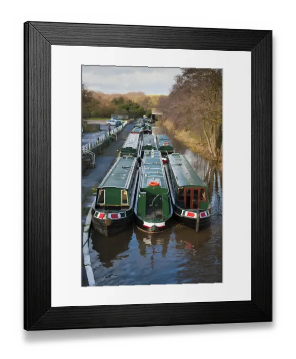 Framed Print : Narrowboats moored on canal, Shropshire Union Canal, Bunbury, Cheshire, England, january Framed Print : Narrowboats moored on canal, Shropshire Union Canal, Bunbury, Cheshire, England, january