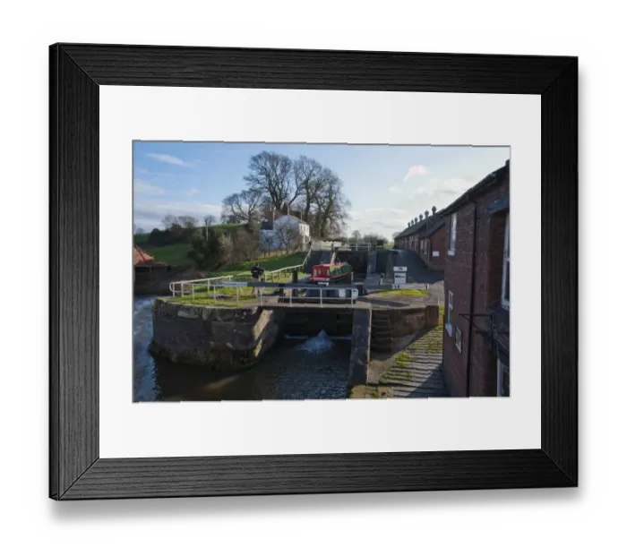 Framed Print : Narrowboat moving through canal staircase lock, Bunbury Locks, Shropshire Union Canal, Bunbury, Cheshire, England Framed Print : Narrowboat moving through canal staircase lock, Bunbury Locks, Shropshire Union Canal, Bunbury, Cheshire, England