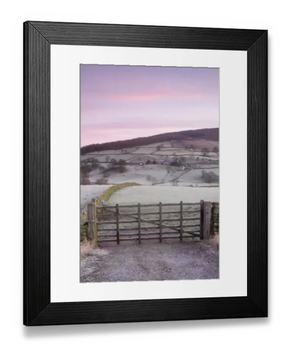Framed Print : View of frosty gate, drystone walls, pasture and hillside above river in valley at dawn, Barden, Wharfedale