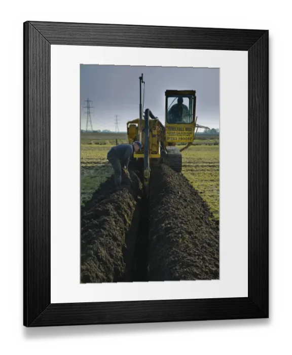 Framed Print : Field drainage, continuous pipe laying machine working in arable field, Pilling, Lancashire, England, march