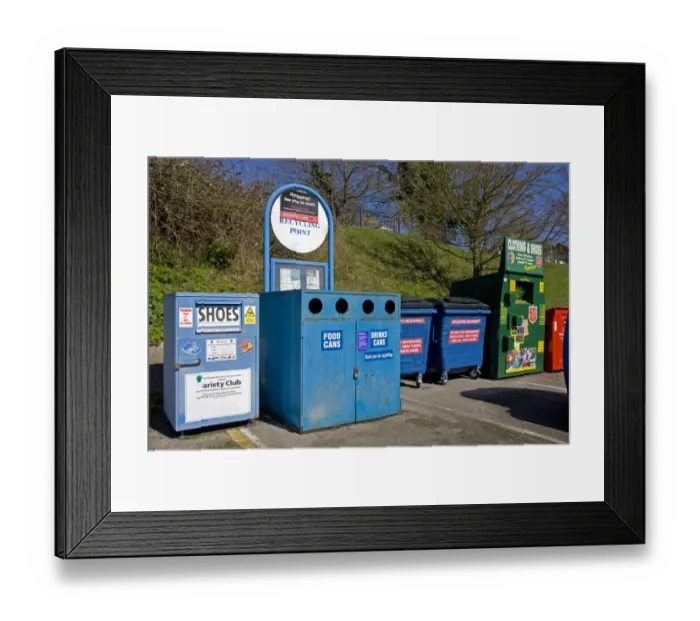 Framed Print : Recycling banks for shoes, cans, paper and clothing, Kent, England