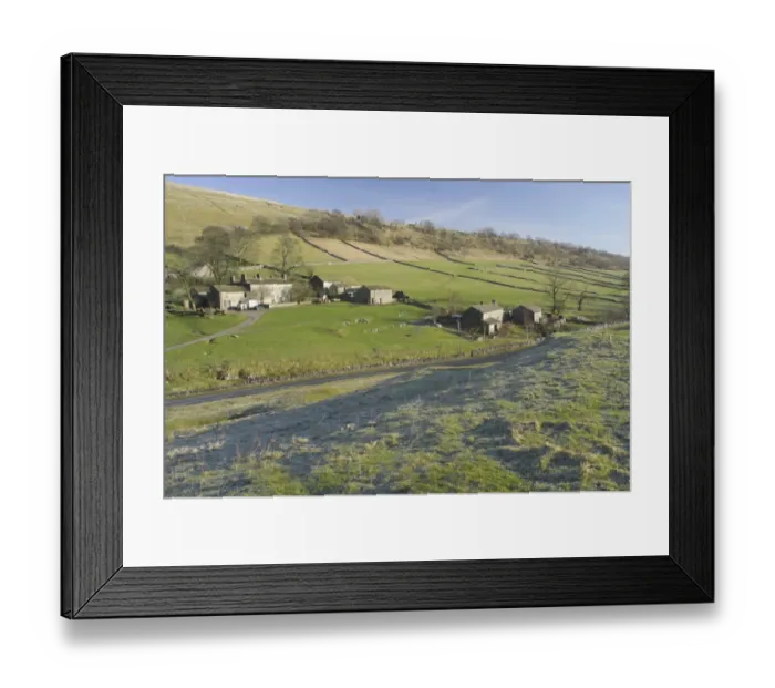 Framed Print : View of farm, stone buildings and road in river valley, frost in foreground, Yockenthwaite, Langstrothdale Framed Print : View of farm, stone buildings and road in river valley, frost in foreground, Yockenthwaite, Langstrothdale