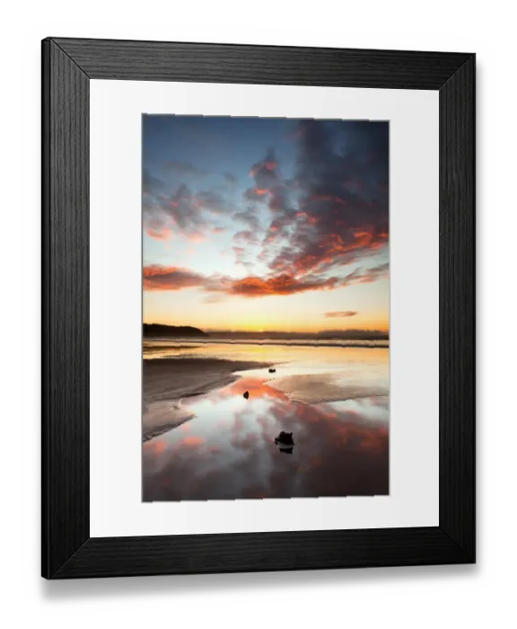 Framed Print : Remains of ancient forest exposed on beach during low tide at sunset, Westward Ho!, North Devon, England, january Framed Print : Remains of ancient forest exposed on beach during low tide at sunset, Westward Ho!, North Devon, England, january