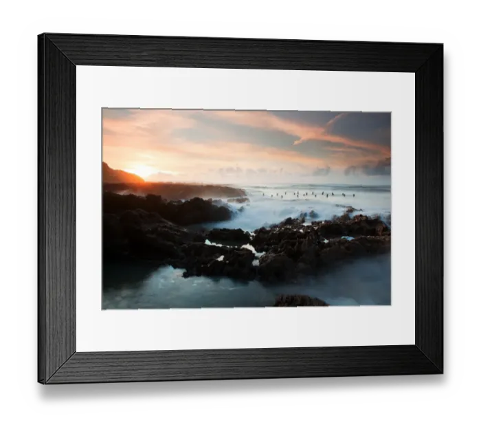 Framed Print : View of Victorian pier remains exposed during low tide at sunset, Westward Ho!, North Devon, England, november