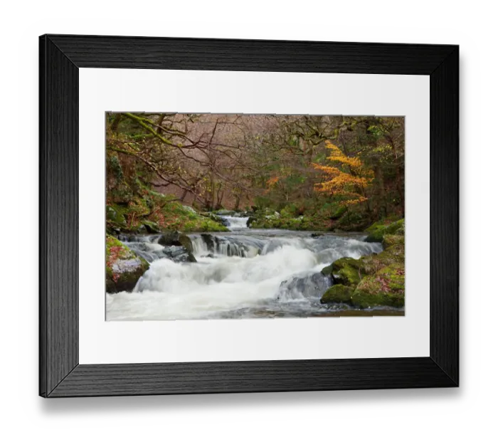 Framed Print : Fast-flowing river cascades in woodland habitat, East Lyn River, Barton Woods, near Watersmeet, Exmoor N. P