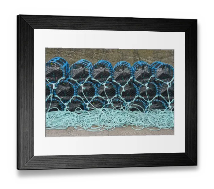 Framed Print : Lobster pots on quayside of harbour, Burnmouth, Scottish Borders, Scotland, july