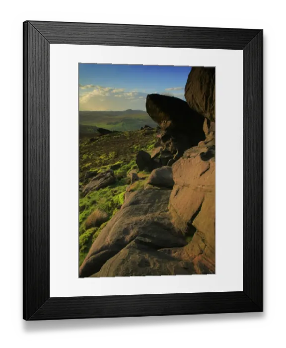 Framed Print : View of gritstone hills on moorland in evening sunlight, The Roaches (The Roches), Peak District Framed Print : View of gritstone hills on moorland in evening sunlight, The Roaches (The Roches), Peak District