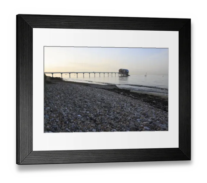 Framed Print : View of beach and lifeboat boathouse at sunset, Bembridge Lifeboat Station, Bembridge, Isle of Wight, England, june