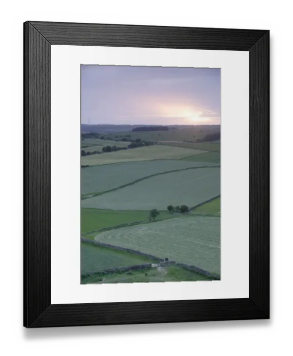 Framed Print : View of fields and drystone walls at sunset, looking from Almscliff Crag, North Rigton, North Yorkshire, England, may Framed Print : View of fields and drystone walls at sunset, looking from Almscliff Crag, North Rigton, North Yorkshire, England, may