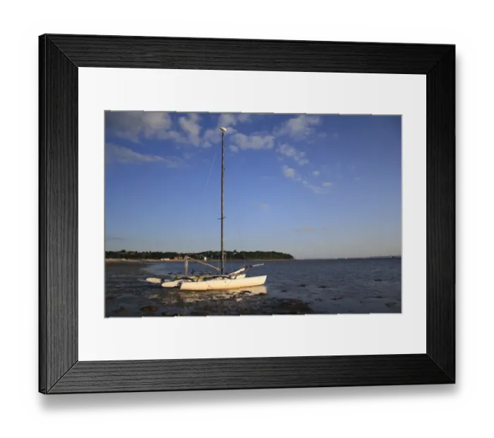 Framed Print : Sailing boat moored on beach with incoming tide, Bembridge, Isle of Wight, England, june
