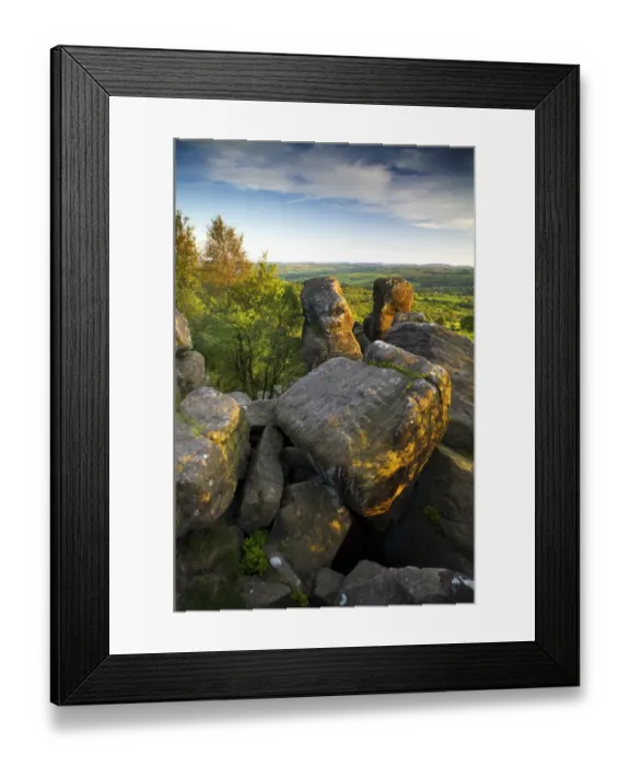 Framed Print : Eroded Millstone Grit sandstone rocks, Brimham Rocks, Brimham Moor, North Yorkshire, England, may Framed Print : Eroded Millstone Grit sandstone rocks, Brimham Rocks, Brimham Moor, North Yorkshire, England, may
