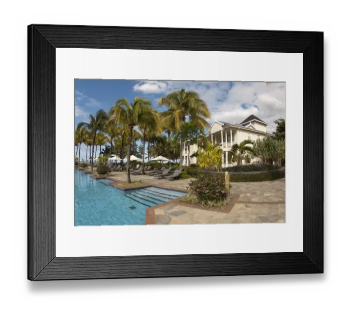 Framed Print : Swimming pool with palm trees and hotel building, Le Telfair Hotel, Bel Ombre, Southwest Mauritius Framed Print : Swimming pool with palm trees and hotel building, Le Telfair Hotel, Bel Ombre, Southwest Mauritius