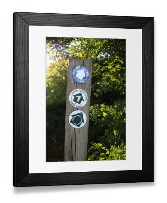 Framed Print : Angles Way, Parish Walk and Permissive Path signs on post, at edge of valley fen reserve, Roydon Fen, Roydon