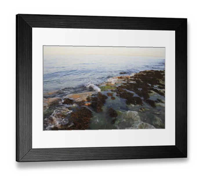 Framed Print : Rocky outcrop and seaweed on beach with incoming tide at sunset, Bembridge Ledge, Foreland, Bembridge, Isle of Wight Framed Print : Rocky outcrop and seaweed on beach with incoming tide at sunset, Bembridge Ledge, Foreland, Bembridge, Isle of Wight