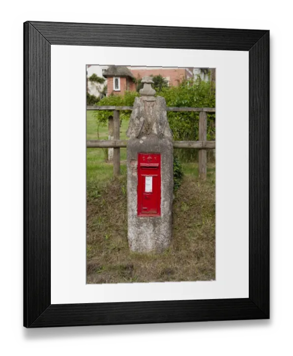 Framed Print : Red postbox mounted on post in village, Aylesbeare, Devon, England, may Framed Print : Red postbox mounted on post in village, Aylesbeare, Devon, England, may