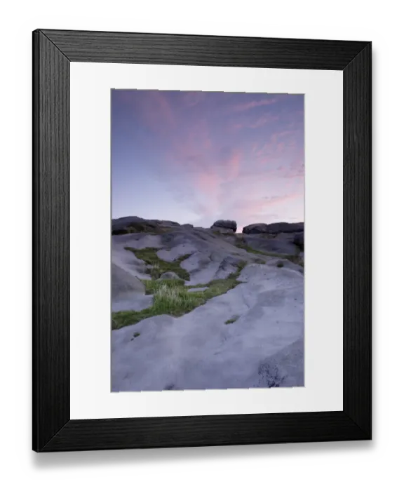 Framed Print : Gritstone rocks at twilight, Almscliff Crag rock formation, North Rigton, North Yorkshire, England, august Framed Print : Gritstone rocks at twilight, Almscliff Crag rock formation, North Rigton, North Yorkshire, England, august