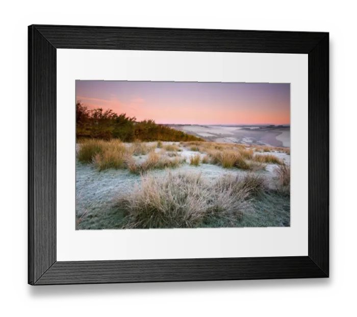 Framed Print : View of frost covered moorland habitat at sunrise, with mist rising from valley, looking towards River Barl Framed Print : View of frost covered moorland habitat at sunrise, with mist rising from valley, looking towards River Barl