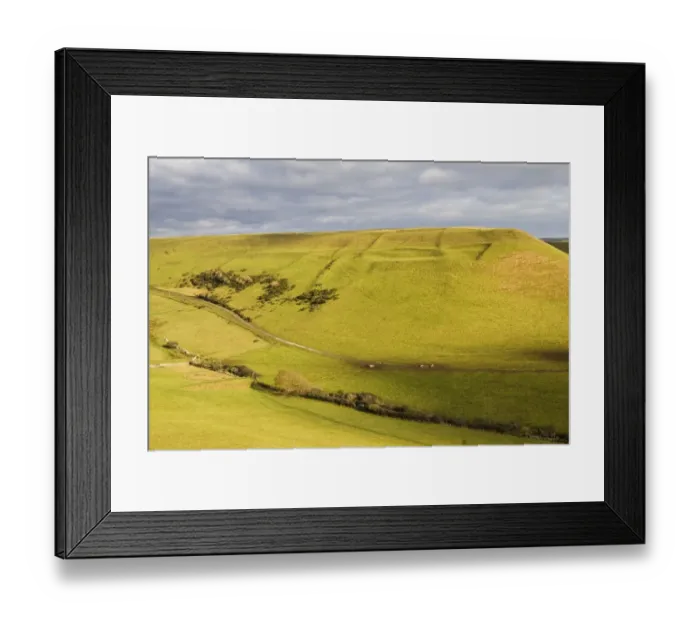 Framed Print : View of hilly rural landscape, grassland habitat on coastal farmland, near Chapmans Pool, Dorset, England, january
