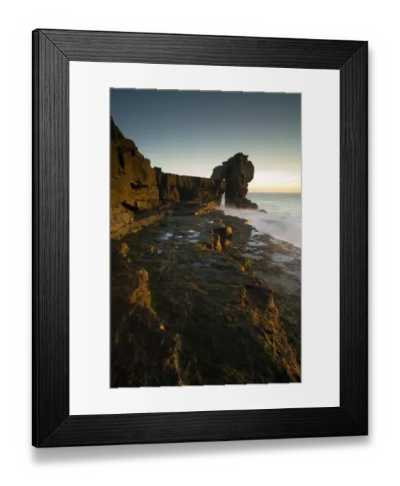Framed Print : View of sea stack at sunset, created by quarrymen in 1870s after natural arch was cut away, Pulpit Rock, Portland Bill Framed Print : View of sea stack at sunset, created by quarrymen in 1870s after natural arch was cut away, Pulpit Rock, Portland Bill