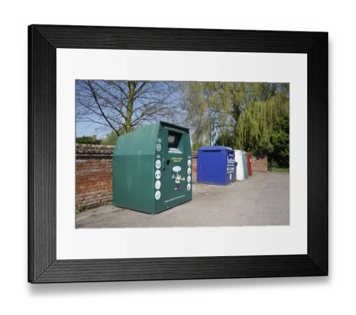Framed Print : Recycling banks for clothing, paper and glass, in carpark of village hall, Barking Tye, Suffolk, England, april Framed Print : Recycling banks for clothing, paper and glass, in carpark of village hall, Barking Tye, Suffolk, England, april