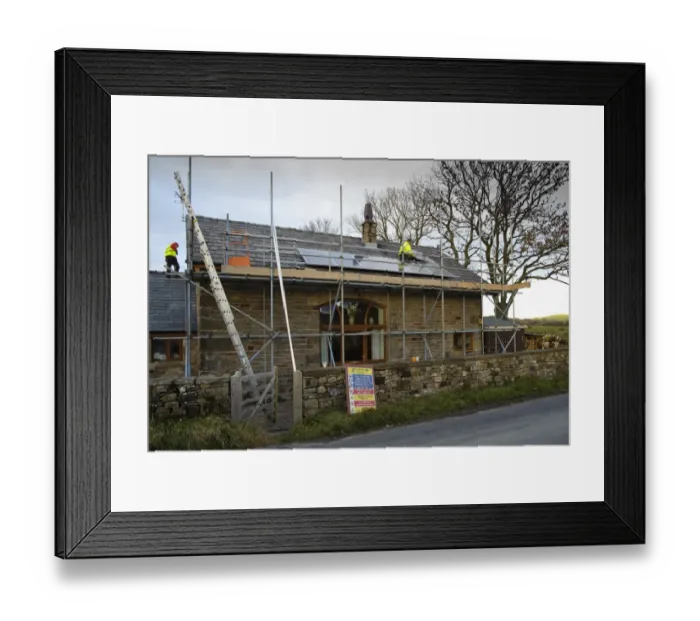 Framed Print : Solar power, photovoltaic panels being fitted on house roof, near Chipping, Lancashire, England, november Framed Print : Solar power, photovoltaic panels being fitted on house roof, near Chipping, Lancashire, England, november