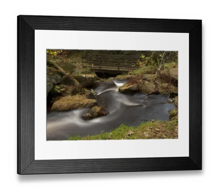 Framed Print : Cascades on upland stream with footbridge in woodland habitat, Wyming Brook, Sheffield, South Yorkshire, England Framed Print : Cascades on upland stream with footbridge in woodland habitat, Wyming Brook, Sheffield, South Yorkshire, England