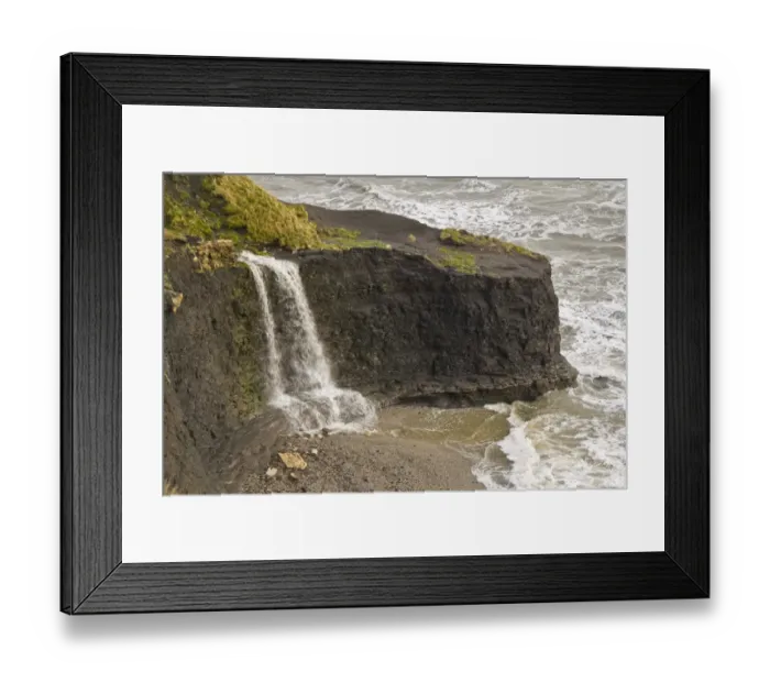 Framed Print : Waterfall flowing over hard shale to beach on coast with rough sea, Freshwater Steps, Dorset, England, january Framed Print : Waterfall flowing over hard shale to beach on coast with rough sea, Freshwater Steps, Dorset, England, january