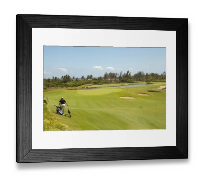 Framed Print : Golfer pulling golf cart across golf course, Le Telfair Hotel and Golf Course, Bel Ombre, Southwest Mauritius Framed Print : Golfer pulling golf cart across golf course, Le Telfair Hotel and Golf Course, Bel Ombre, Southwest Mauritius