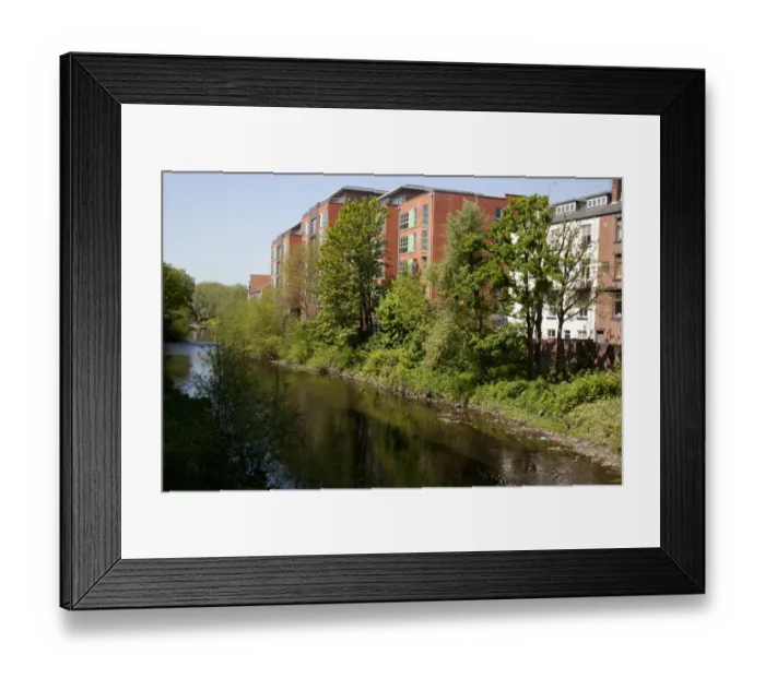 Framed Print : View of city centre river and buildings, River Don, Sheffield, South Yorkshire, England, april Framed Print : View of city centre river and buildings, River Don, Sheffield, South Yorkshire, England, april